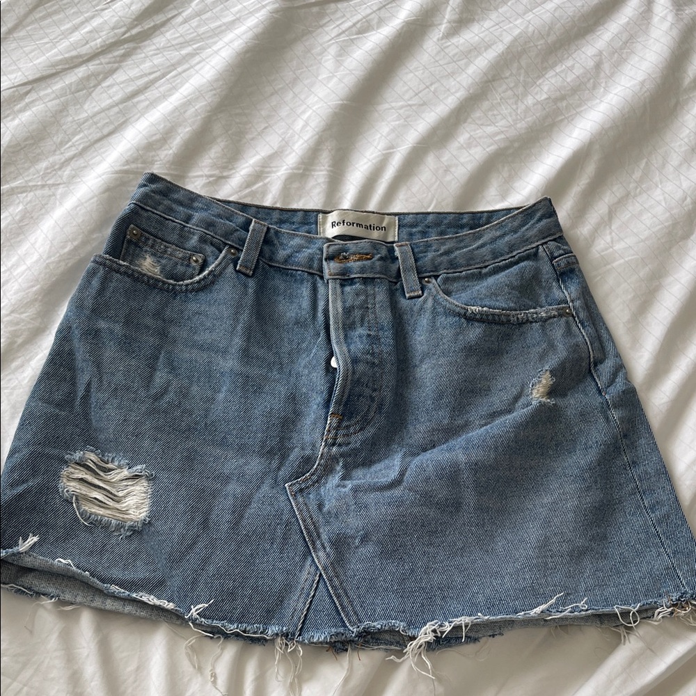 Reformation Washed Blue Distressed Denim Mini Skirt